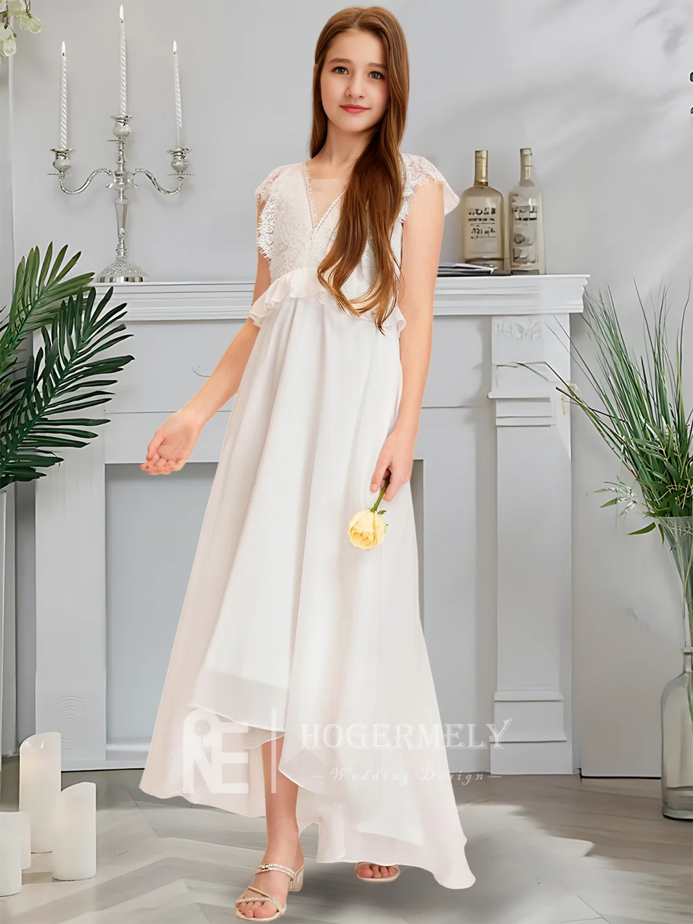 Роскошное асимметричное платье подружки невесты цвета слоновой кости, платье с цветочным узором для девочек, с v-образным вырезом, шифоновое кружево, каскадные оборки, свадьба