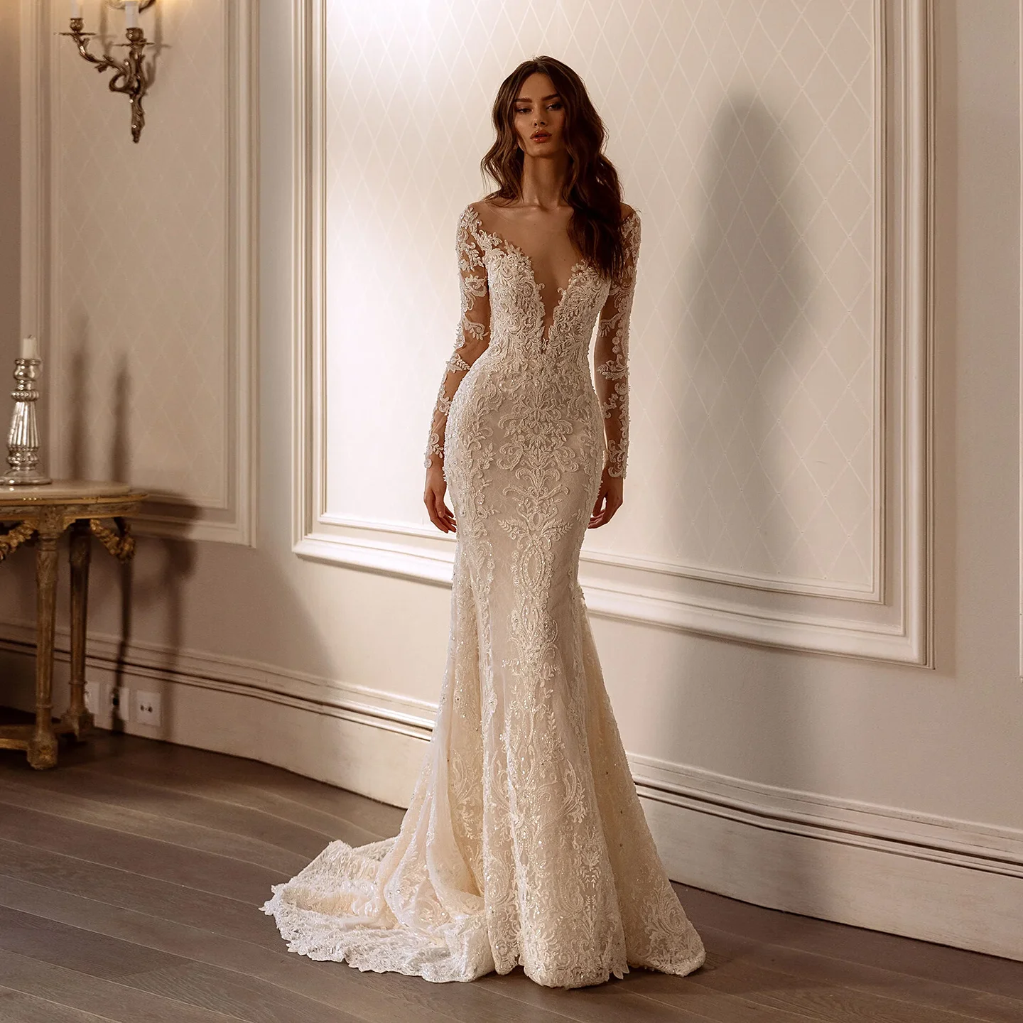 

Sharon Said Sexy Deep V-Neck Mermaid Lace Off White Wedding Dress 2025 Vintage Long Sleeves Corset Bride Gowns SW491 Customized