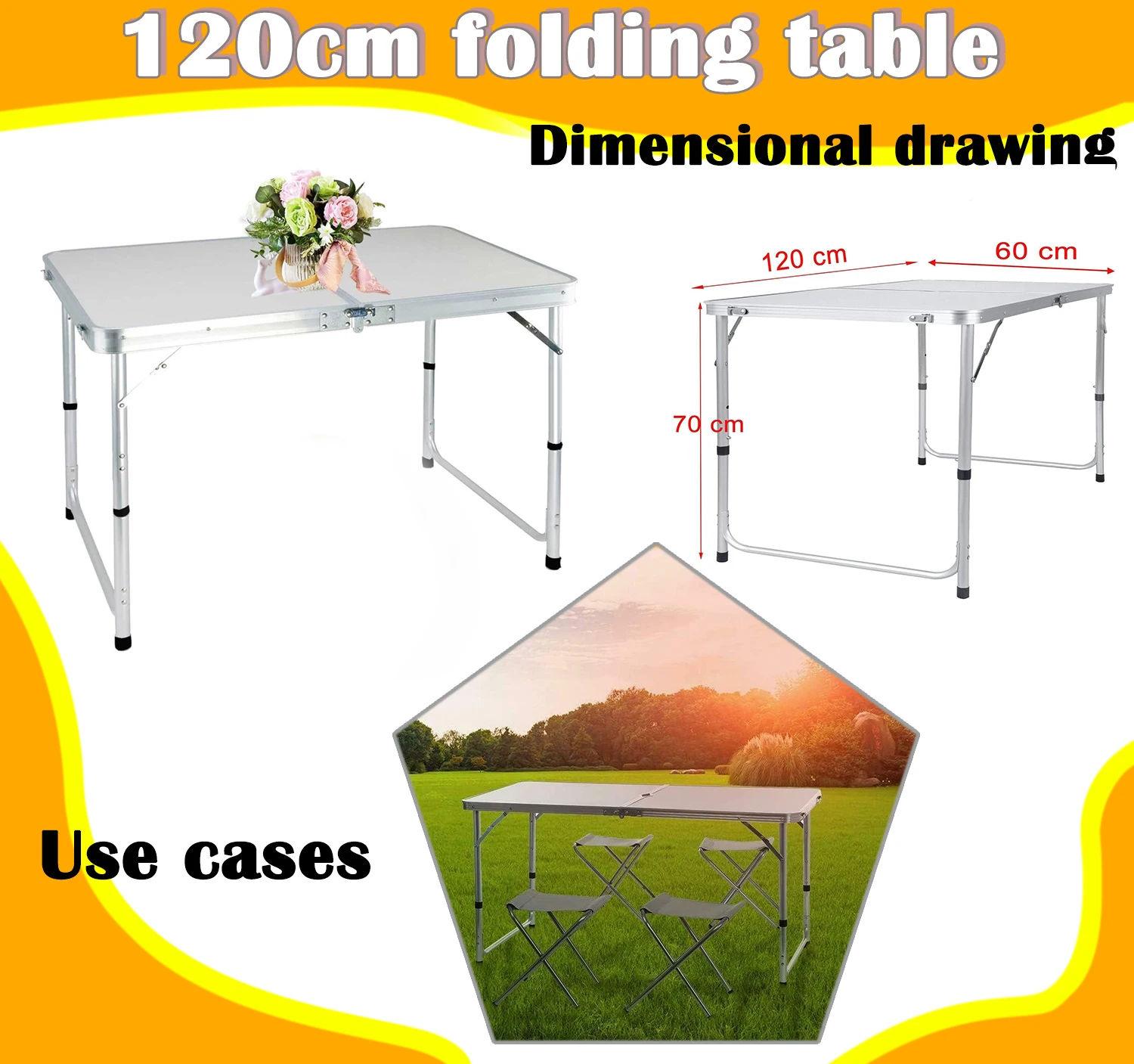 Mesa plegable para acampar, mesa grande de 120x60cm, altura ajustable de 55/62/70cm, mesa plegable portátil para pícnic al aire libre, mesa para balcón del hogar