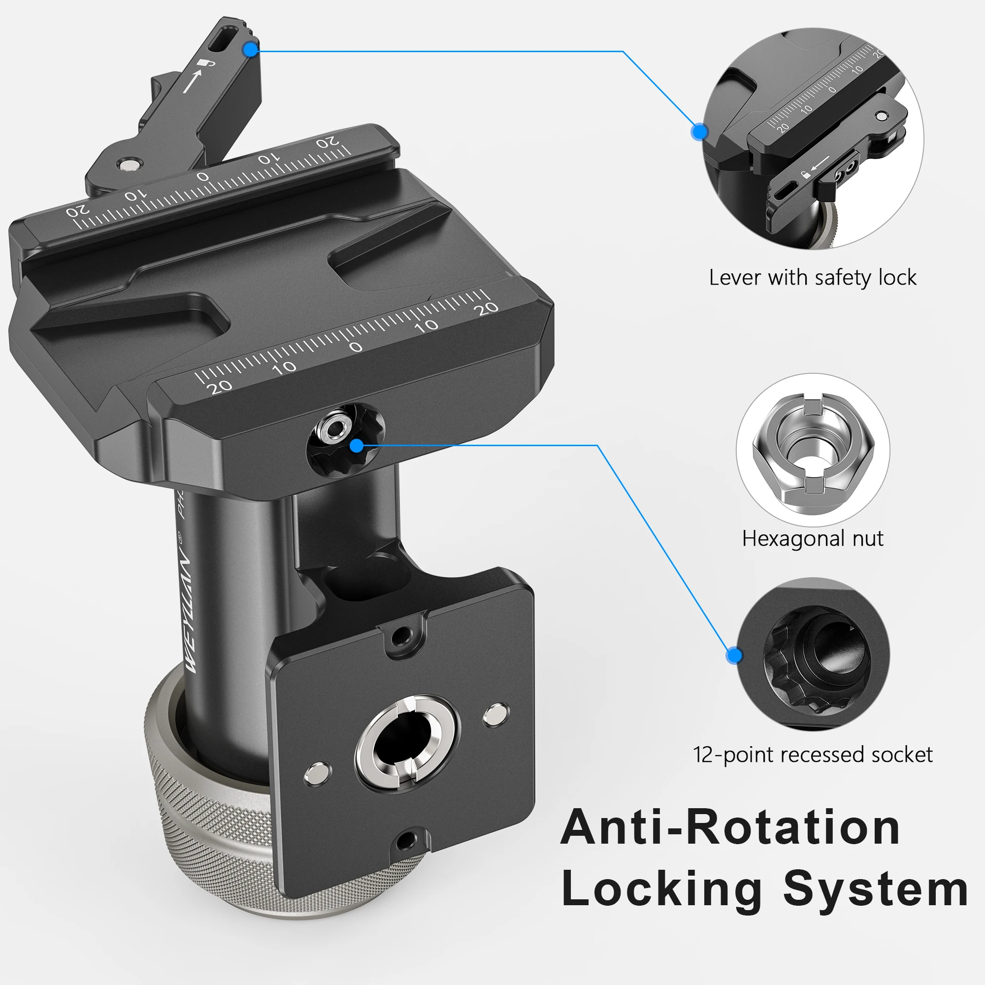 WEYLLAN PH3 MonoGimbal-Kopf Seitlicher Sattelgimbal Neigungskopf mit Arca Swiss Schnellwechselplatte für Stativ Einbeinstativ Kamera Teleobjektiv – Detail 9