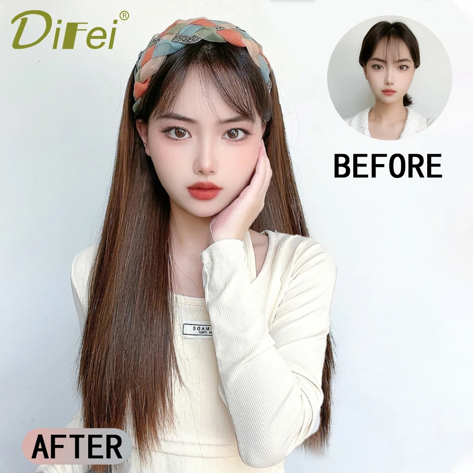 DIFEI Synthetic Headband Wigs Long Straight Natural Brown Black Wig Fit The Head Heat Resistant Fake Hair For White/Black Women