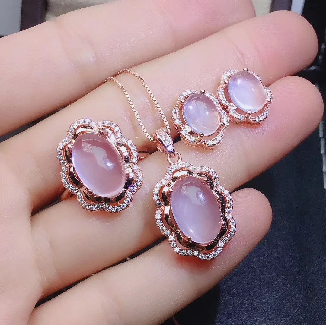 

Girls' Natural Pink Crystal Hibiscus Stone Gemstone Necklace Pendant Ring Set 925 Pure Silver Plated Rose Gold Hollow out Style