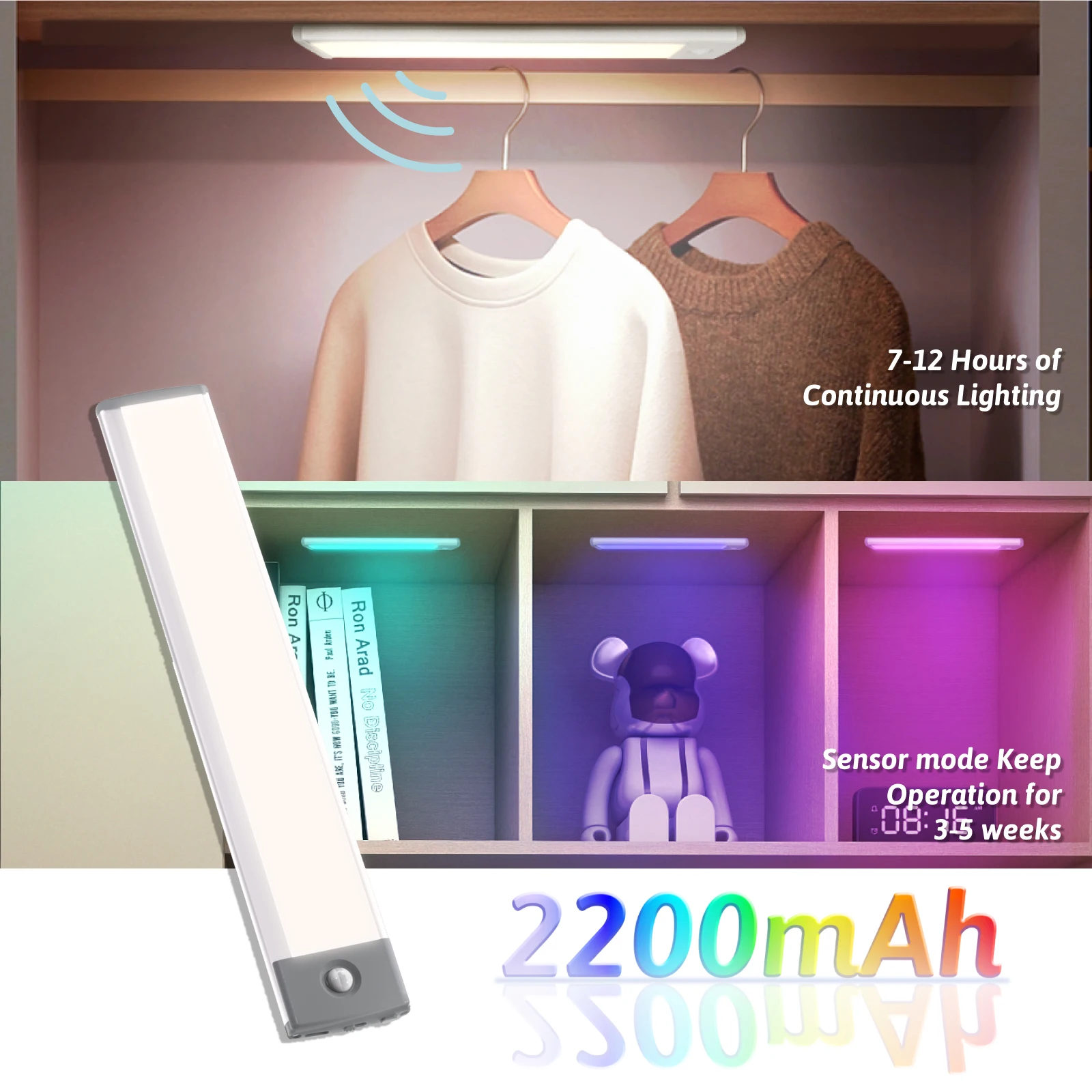 LEPOTEC 1pc 45LED RGB Wireless Rechargeable Motion Sensor Cabinet Lights,Lights for Kicthen,Bedroom,Hotel,Bar,Game room