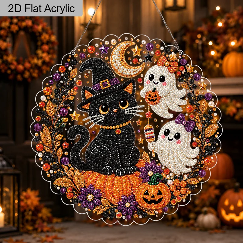 2D Flat 1Pc 30cm/20cm Acrylic Halloween Witch Black Cat & Cute Ghost Pearl Diamond Art Kit, DIY Diamond Painting Hanging