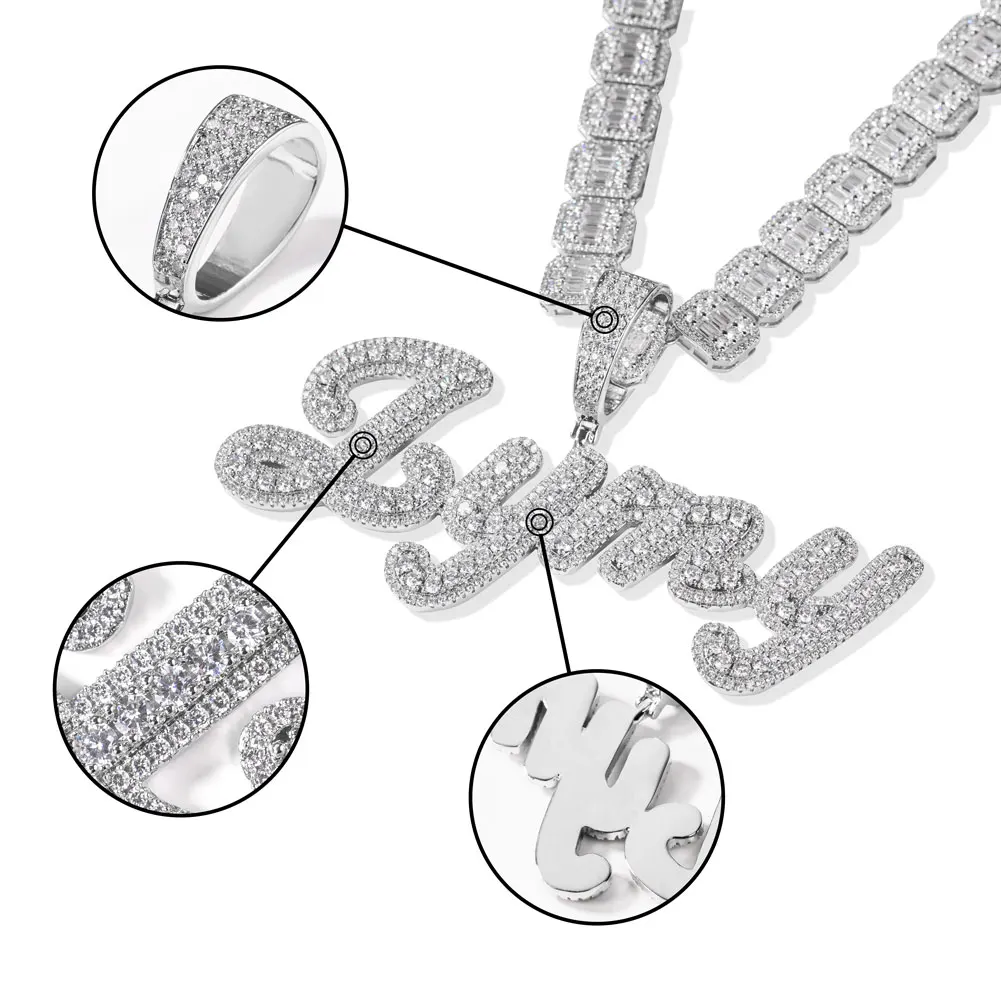 Uwin Custom Brush Cursive Letter Pendant Name Necklace Baguettes Chain Micro Paved CZ Personalized  Hiphop Jewelry