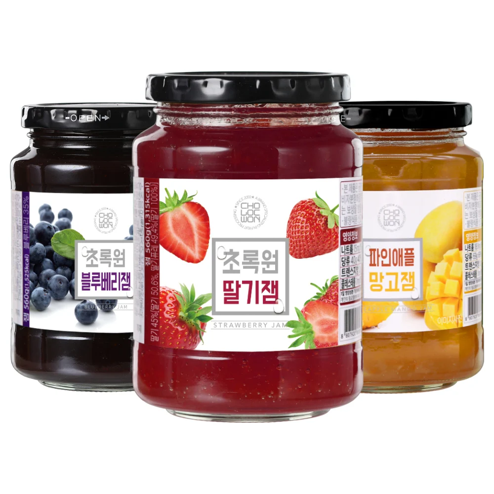 Mermelada de frutas Chorokwon 560 g X 3 (mermelada de fresa, mermelada de arándanos, mermelada de mango de piña)_Juego de regalo embalaje Ibeok