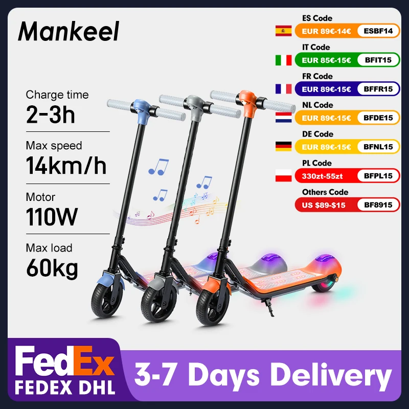 Mankeel Scooter électrique pour enfants affichage LED lumières colorées Bluetooth intelligentes jusqu'à 14 M/H eScooter léger pour les enfants