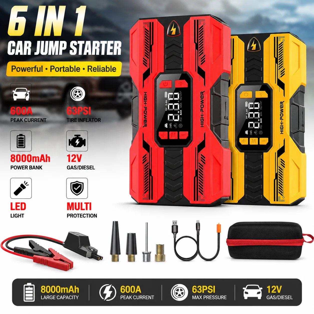 6-in-1 Auto-Starthilfegerät mit Luftkompressor, 8000mAh, 600A, 63PSI Reifenfüller, Powerbank, LED-Licht, 12V Batterie-Booster, tragbar