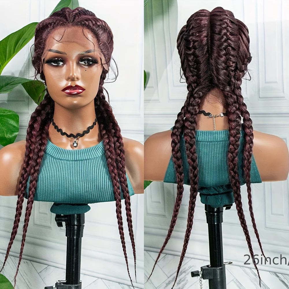 Synthetic Box Braided Wigs 4 Ponytails Dark Red Triangle 360 Lace Topline Braids Wig 99J Cornrow 4 Braids Wig