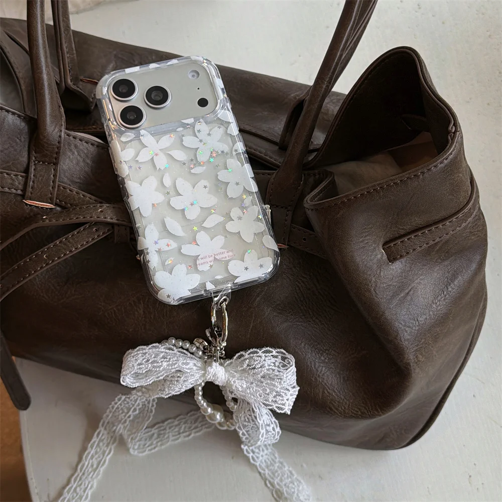 

Cute White Flower Glitter Phone Case for iPhone 13 14 15 16 Pro 17 Pro Max Cover with Bow Charm Fundas Fashion Protection Cases