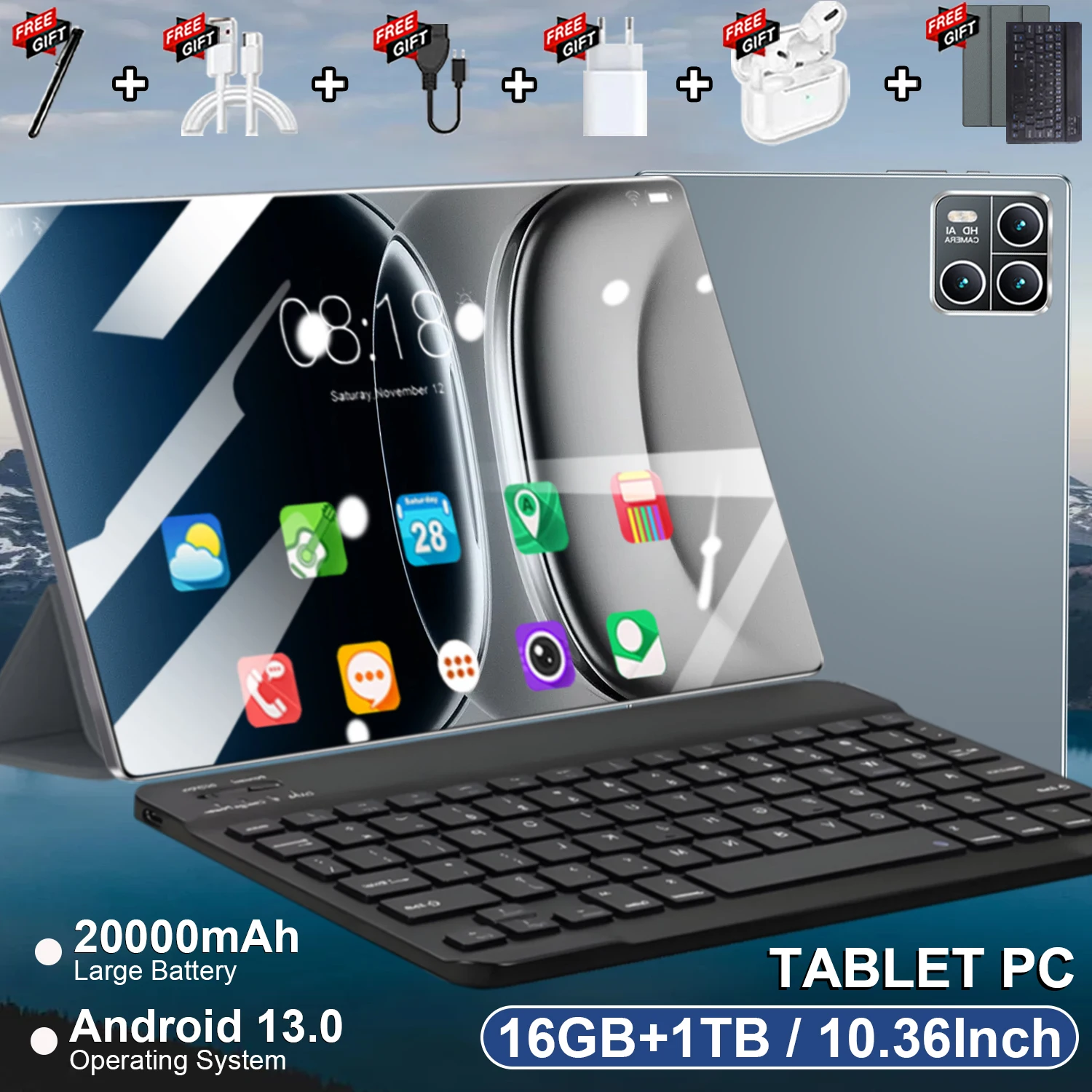 Tablette multifonction portable 10,36 pouces fonctionnant sous Android 13, chip 14 coeurs sans aucun ralentissement. Dotée de 16Go RAM + 1To ROM et d’une batterie 20000mAh robuste, elle intègre le réseau 5G double SIM et WiFi. Les caméras 16MP et 32MP as