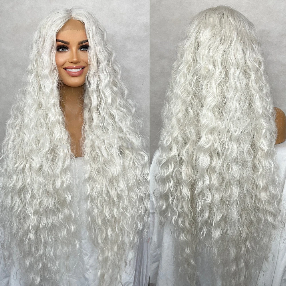 36 inch Wavy Curly Long Wig Lace Front Center Part Ice White Platinum Blonde Human Hair Blended Synthetic Fibers Heat Resistant