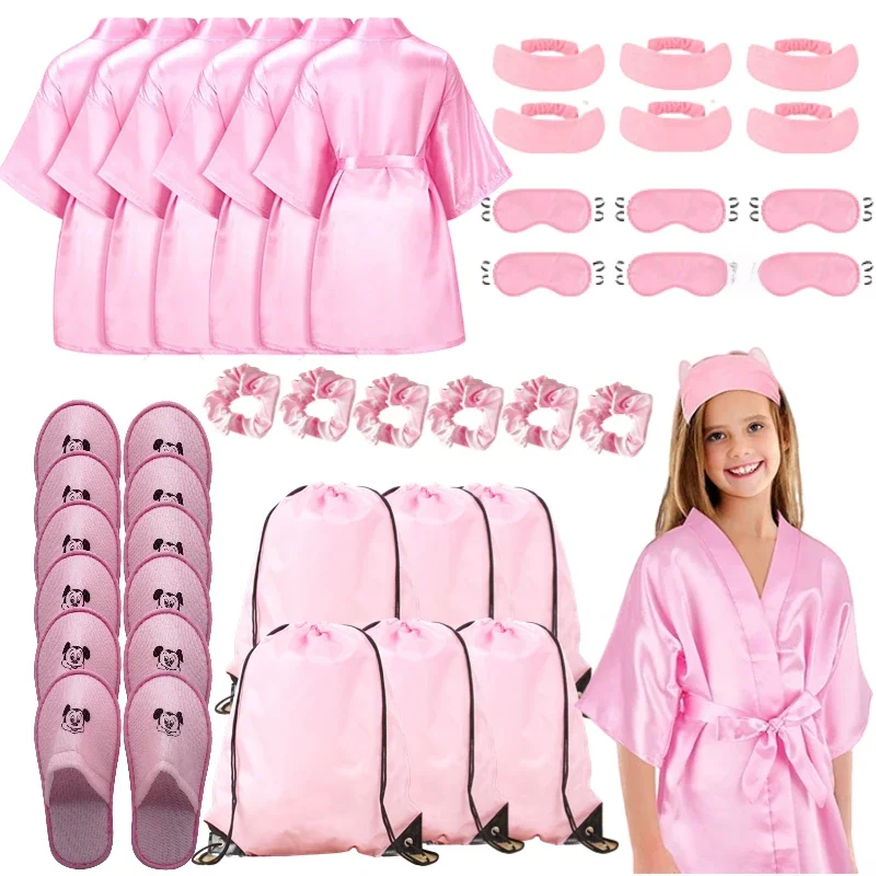 72/6 stuks satijnen badjassen voor kinderen, spa-party voor meisjes, DIY slaapjas kimono, slaapfeestje cadeautjes met cadeauzakjes en slippers voor verjaardagen - afbeelding 2