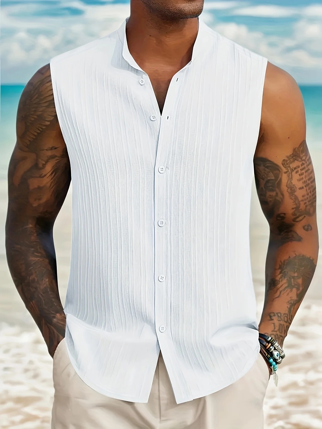 Summer New Men's Fashion Sleeveless Stand Collar Shirt Casual Sports Style