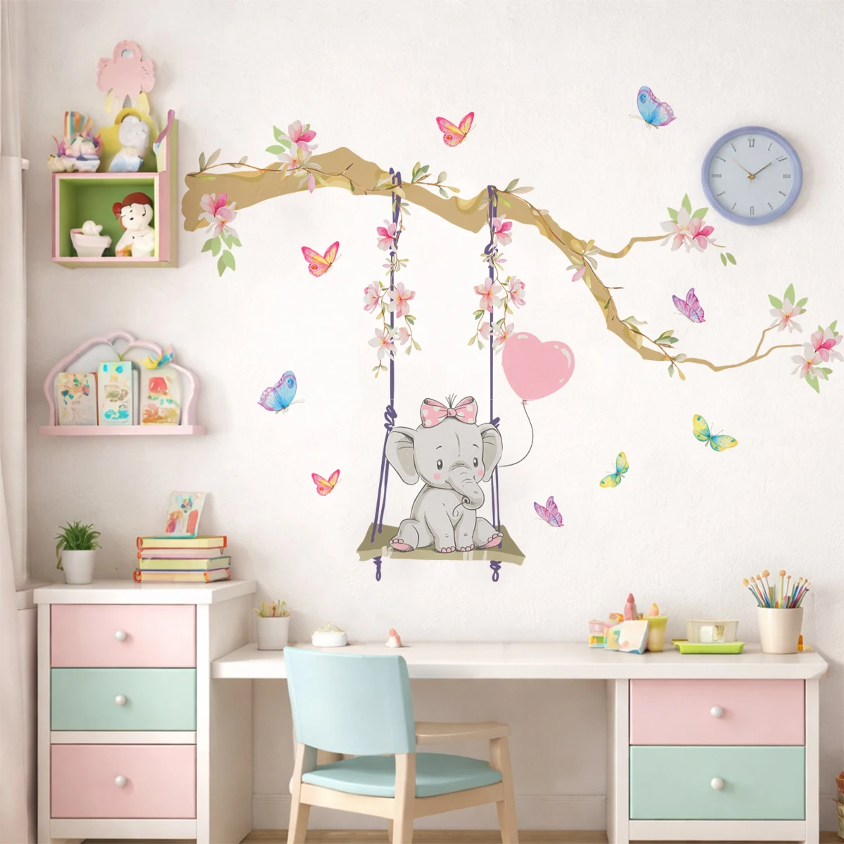 Cartoon Cute Swinging Elephant Butterfly Branch Watercolor Nursery Sticker Wall Decals Art Print Kids Room Home Decor Wall Decal