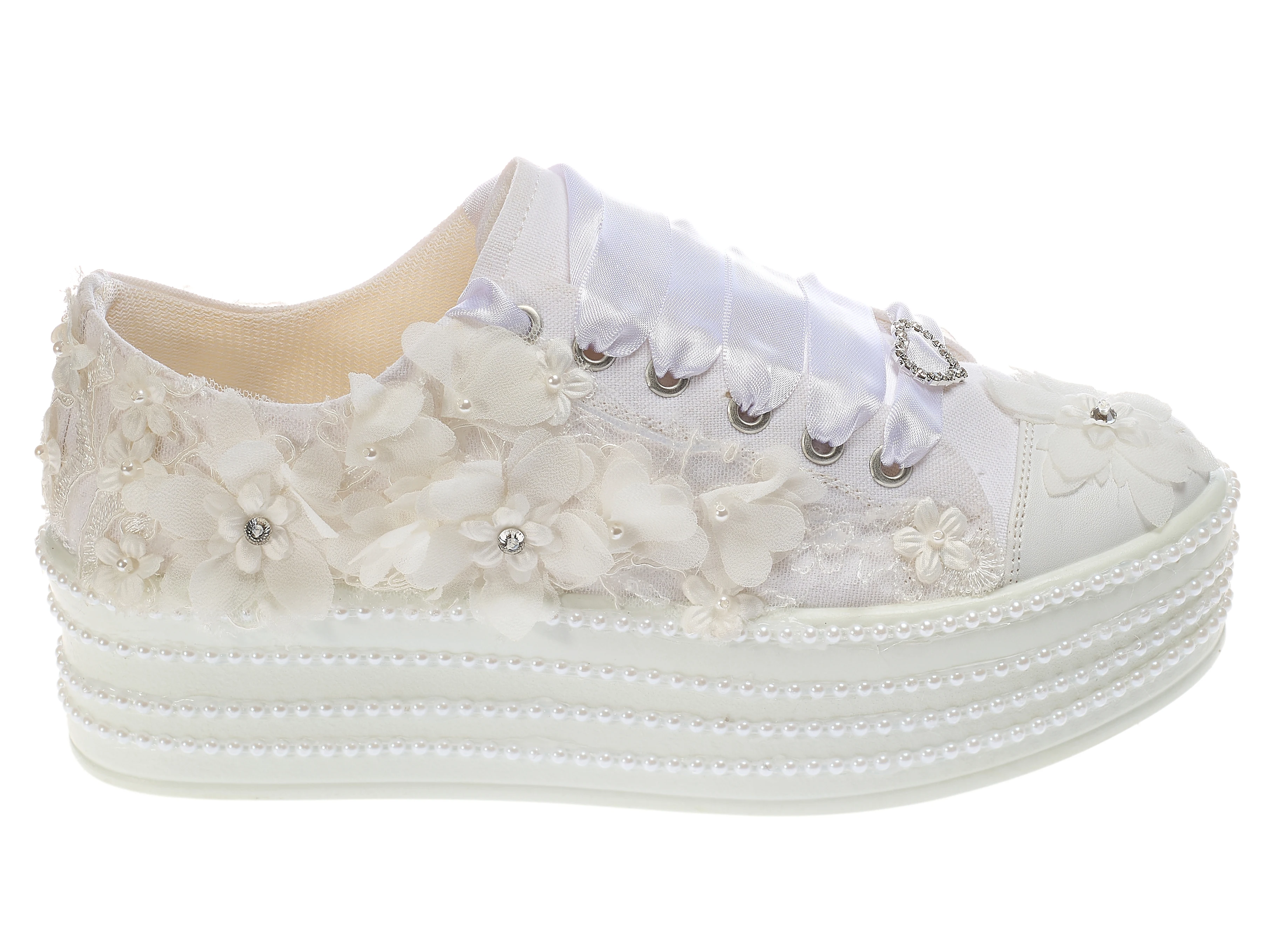 White 3D Applique Bridal Sneakers - Comfortable Sporty Wedding Shoes with heel 5cm Platform Height