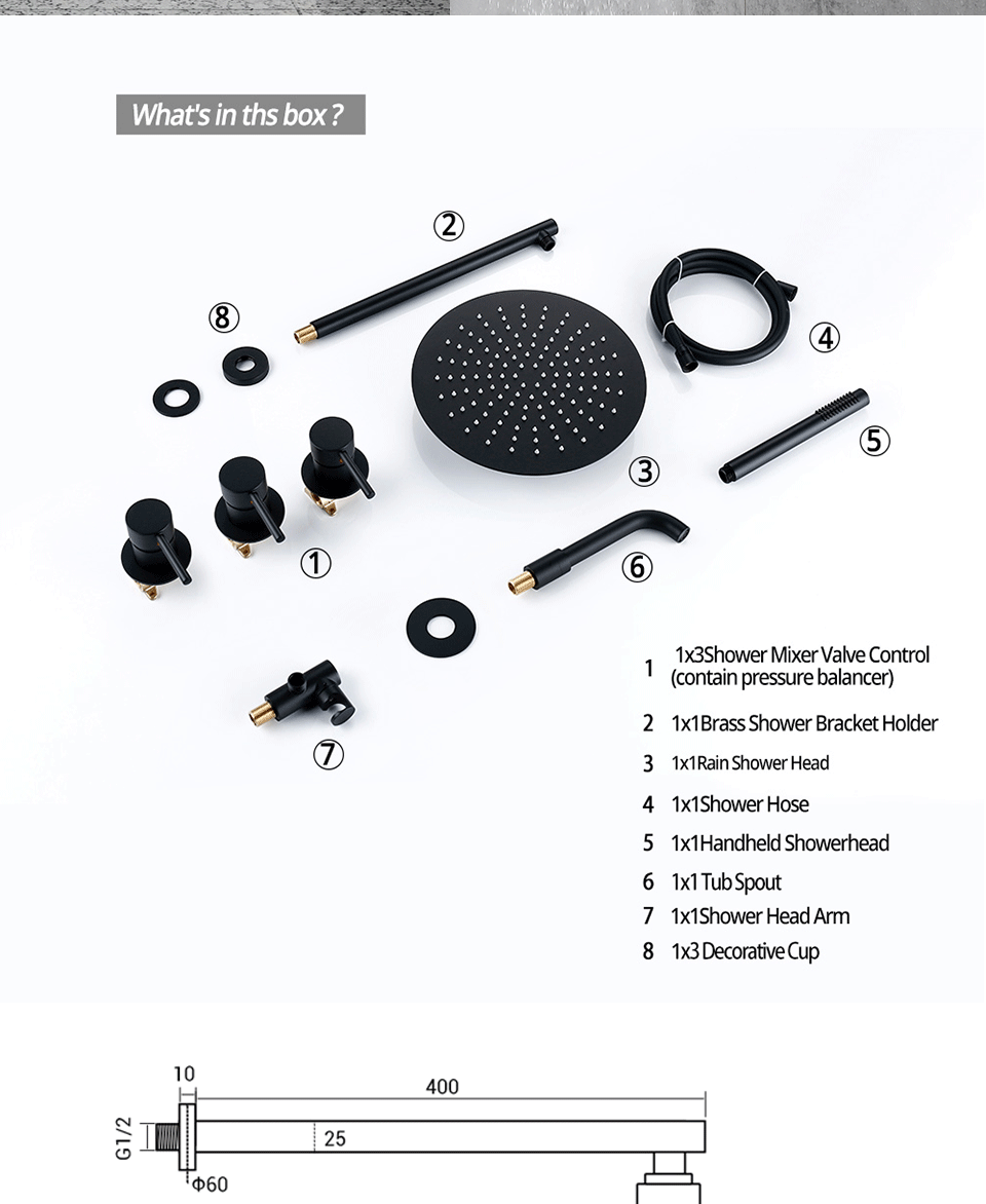 Matte Schwarz Dusche System Bad Badewanne Wasserhahn Mischbatterie Wand Montieren Badewanne Auslauf Drehen 8/10/12 10-zoll-niederschlag HeadShower – Detail 12