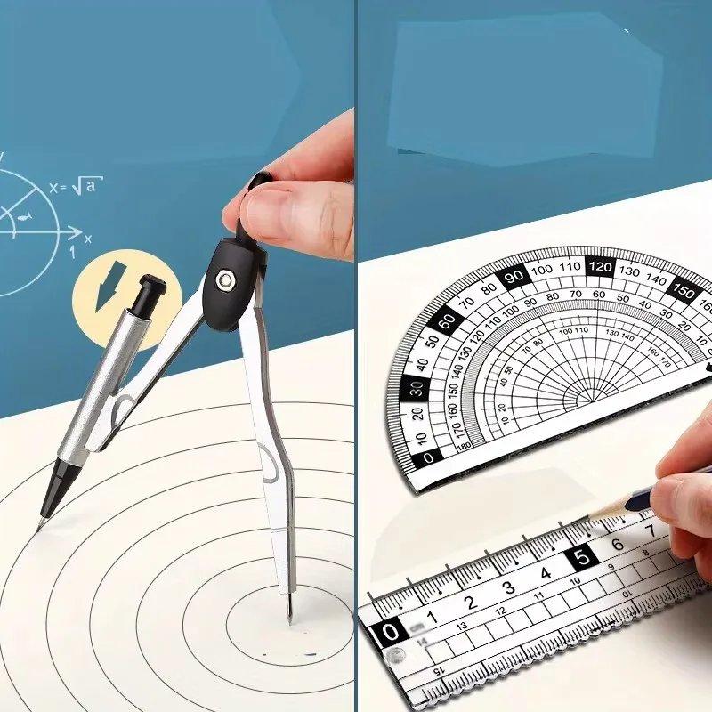 Exquisites 8-in-1-Lineal, Schreibwaren-Set, Kompasse aus Aluminiumlegierung, multifunktionales Kombinationslineal, Dreieck, Winkelmesser, Zeichnung, Geschenk
