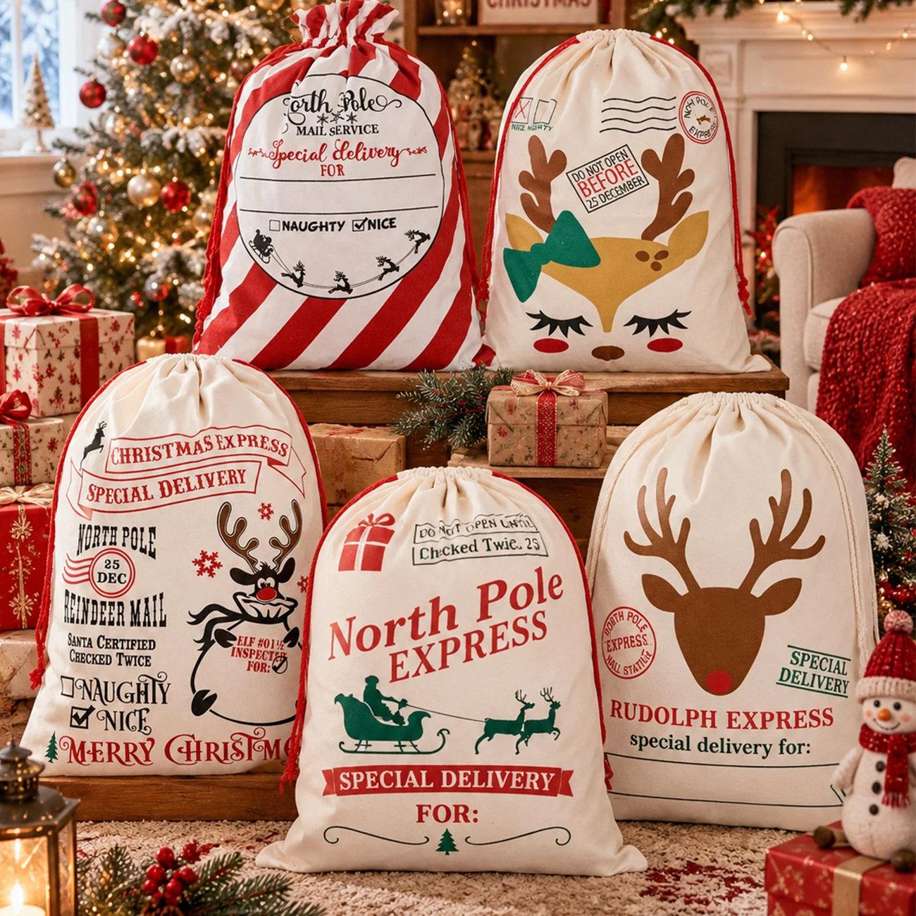 1PC 49x68cm Large Christmas Santa Sack Canvas Drawstring Gift Bag Reusable Holiday Present Storage Packaging Bag