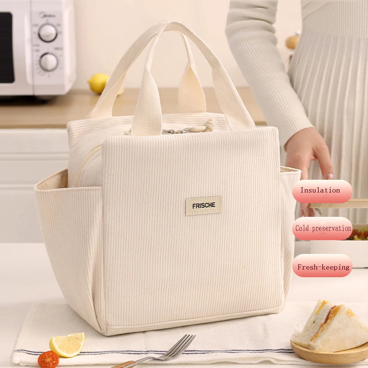 12L Lunchbox-Tasche, verdickte Aluminiumfolie-Isolierung, Lunch-Tasche, bedrucktes Cordmaterial, wasserdichte und ölbeständige Essenstasche – Detail 4