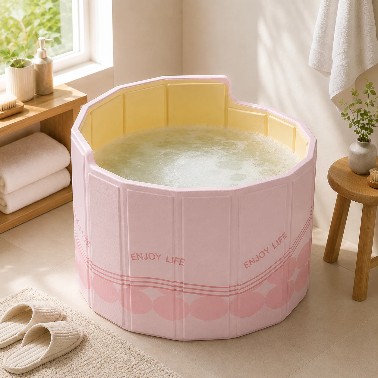 Foldable Portable Bathtub for Adults, Deep Soaking Tub with Back Support, Space-Saving Home Spa Bath Barrel