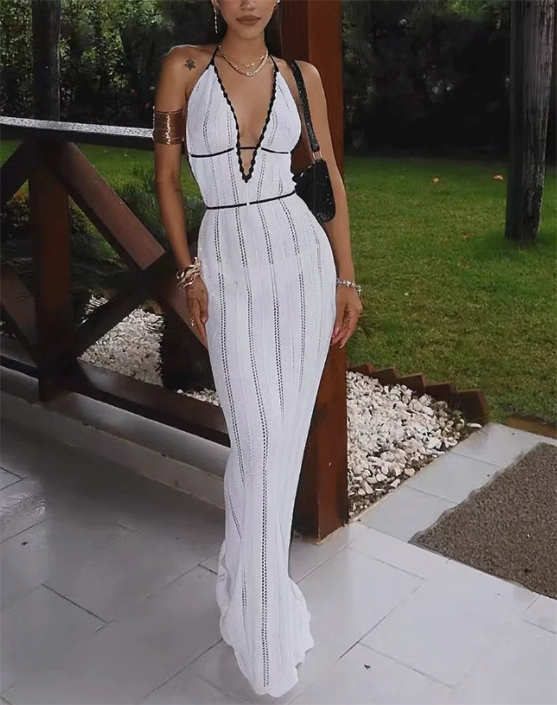 مثير العميق الخامس عارية الذراعين انظر من خلال الشاطئ فستان منسوج طويل ملابس النساء الجوف خارج شير الكروشيه بيكيني التستر ملابس السباحة الإناث #1