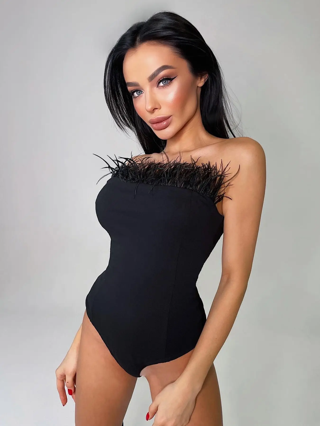 Feather Bandage Bodysuit Bikini One piece for Women 2022 Summer Black Sleeveless Beach Bodysuits Sexy Streetwear Romper Swimsuit