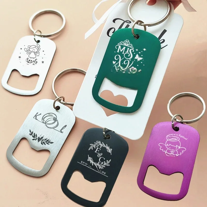 50-100 stuks Gepersonaliseerde Gegraveerde Sleutelhangers Flesopener Bruiloft Gunsten Cadeaus Voor Gasten Feest Doop Aangepaste Souvenir Met Kaart - afbeelding 2