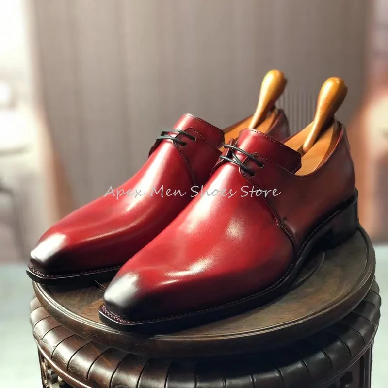 Burgundy Youth Business Formal Derby Shoes Lace Up Breathable Genuine Leather Men\'s Shoes Trendy Handmade Dress Wedding Shoes