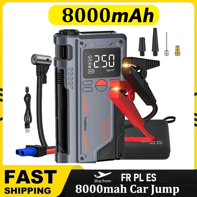 Arrancador de Coches 4 en 1 con Compresor de Aire de 150 PSI, Cargador Portátil de 8000 mAh, Dispositivo de Arranque de Batería de Coche Potente de 800 A
