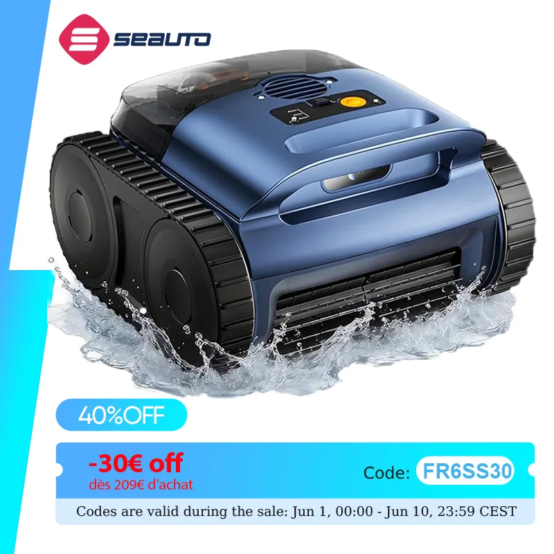 Aspirateur de piscine Seauto SAT20, 150 minutes d'autonomie, pour piscines jusqu'à 2000 pieds carrés, aspiration puissante de 45 000 Pa, fonction de grimpement mural pour piscines hors sol/encastrées.
