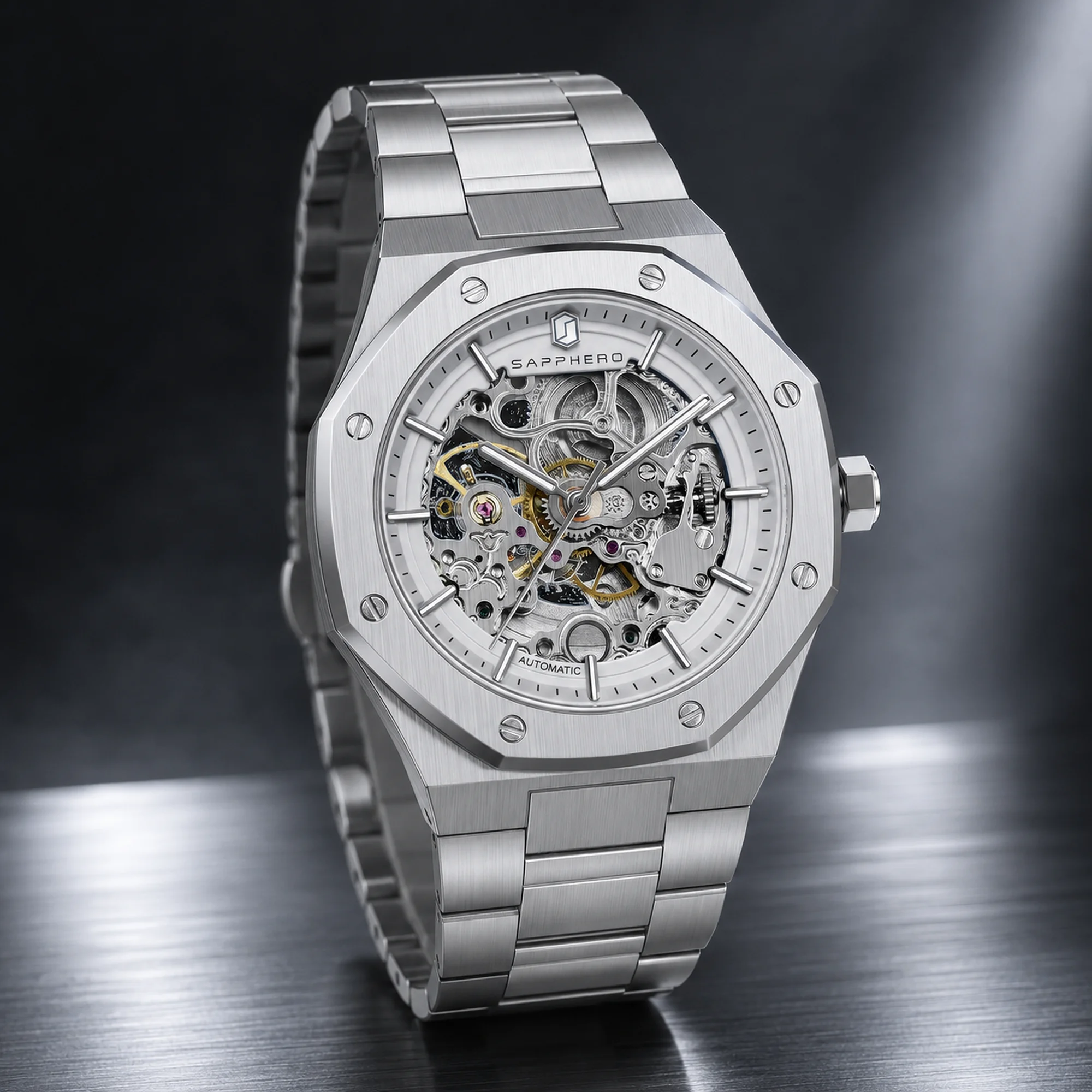 SAPPHERO SO2113 Automatic Mechanical Skeleton Watch for Men Stainless Steel Bracelet Luminous Water Resistant Transparent Back