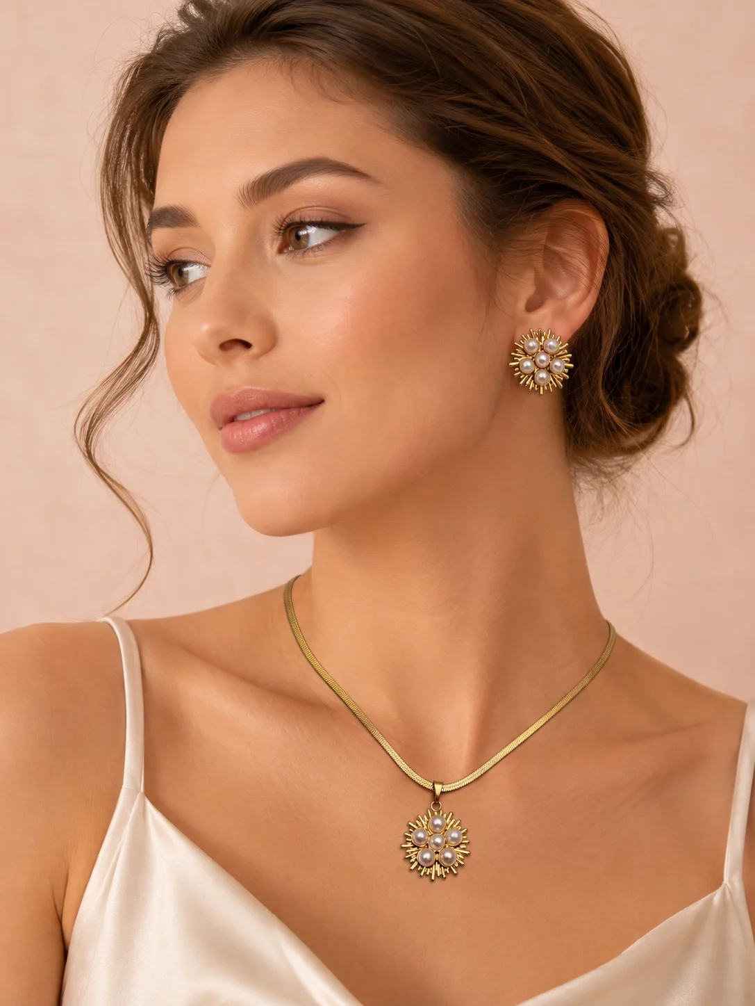 Gold Pearl Necklace Earrings Set Women Vintage Sun Pendant Jewelry Stainless Steel Fashion Jewelry Accessories For Party Gift