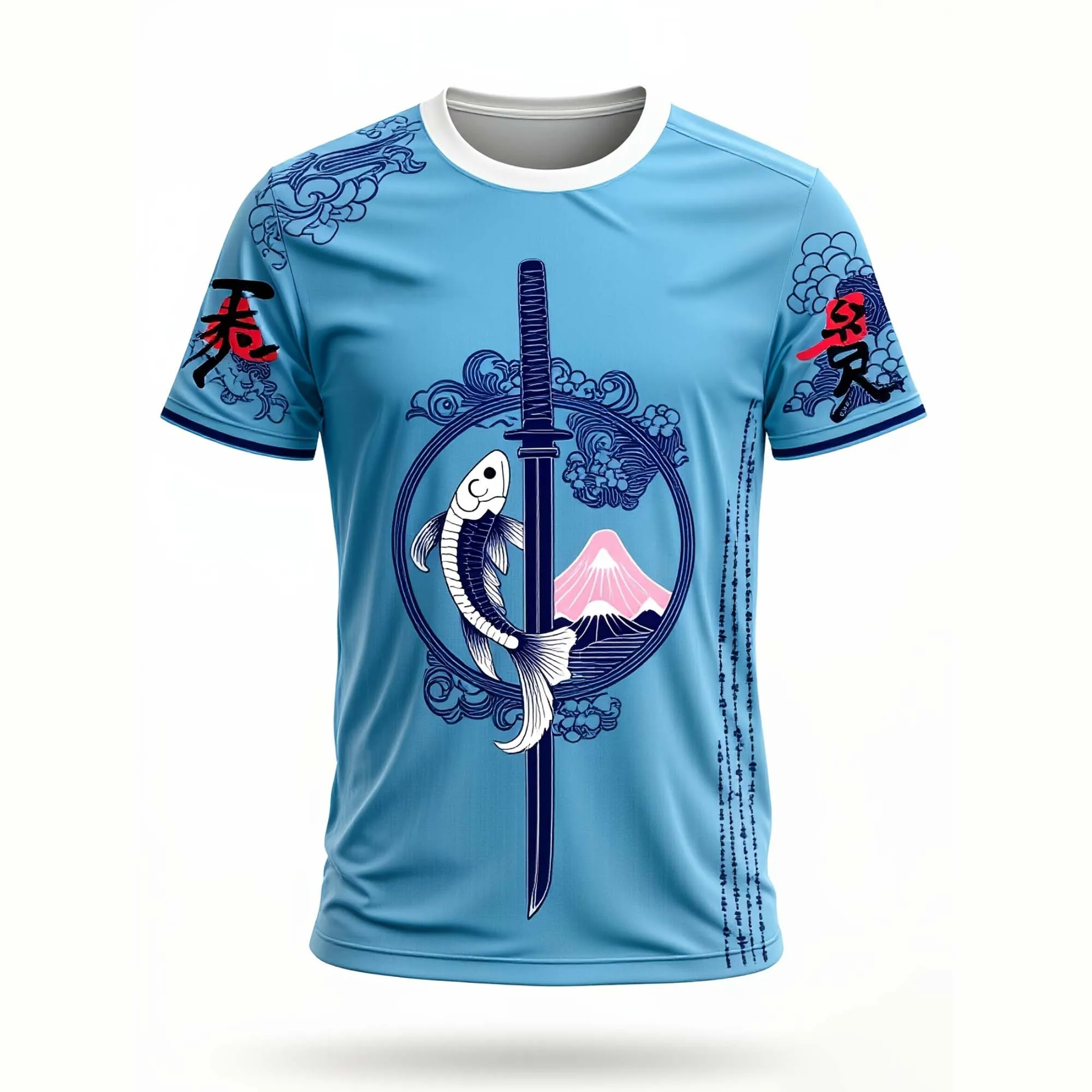 Camiseta de Cuello Redondo Azul Claro para Hombre, Diseño Japonés Ukiyo-e con Peces Koi, Katana, Monte Fuji, Estampado Completo, Ondas Orientales y Nubes, Manga Corta, Estilo Urbano