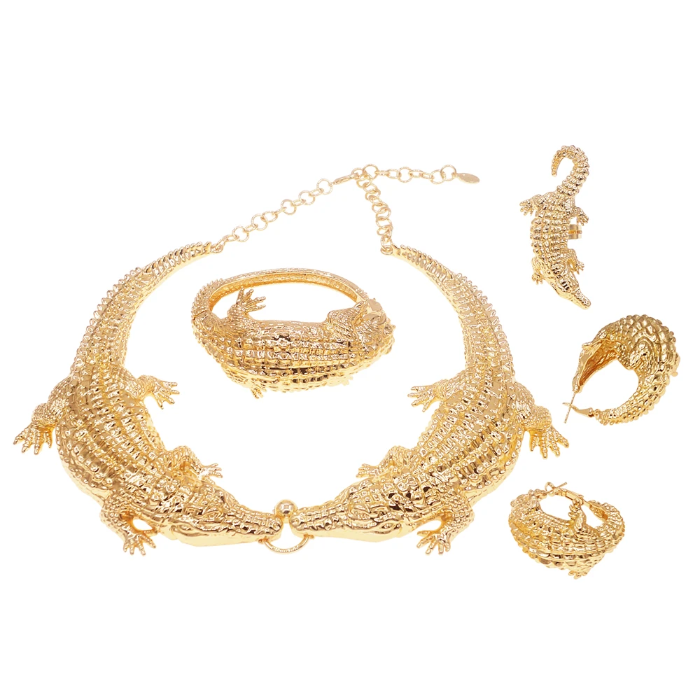 Women Jewelry Set Italy Gold Plated Crocodile Necklace Animal Design Ring Large Necklace Party Essential