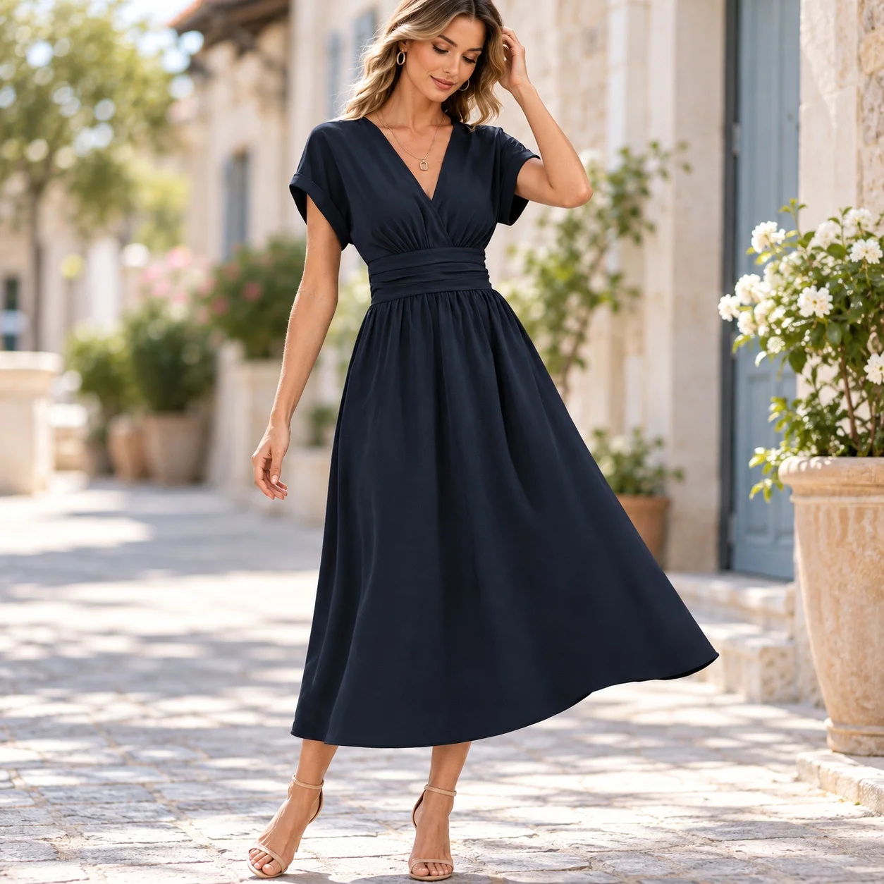 Slim Fit V Neck Dress a Line Skirt Refined Commuter with Party Dress Crinkled Texture Date Short Sleeve Summer Party for Women