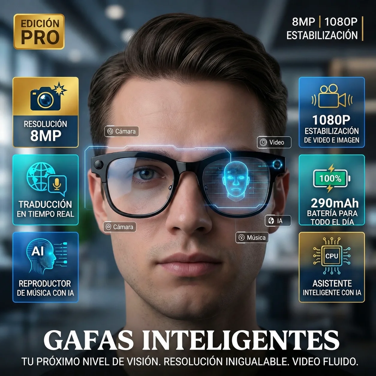 GUHUAVMI Nuevas Gafas Inteligentes con IA, Grabadora de Video y Fotos HD de 8MP, Transferencia WiFi, Grabación de Audio, Traducción por IA, Activación por Voz, Reconocimiento de Objetos, Llamadas Bluetooth, Micrófono Dual, Reducción de Ruido ENC, Control Táctil Deslizante de Volumen, Carga Magnética, Gafas Ligeras Resistentes al Agua IP66