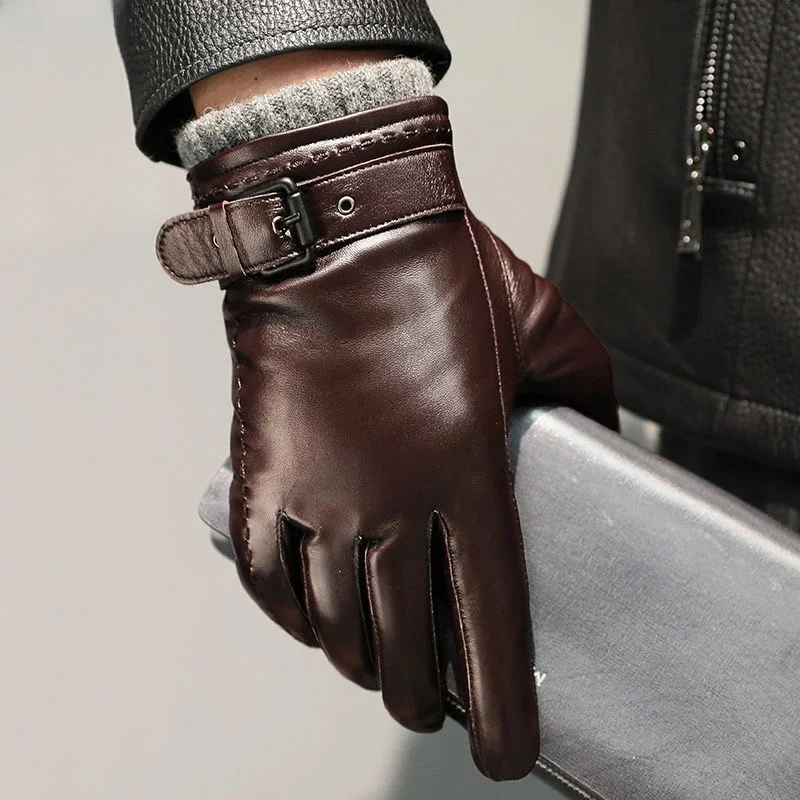 AliExpress NONE Genuine Leather Gloves For Men Male Sheepskin Touch Screen Winter Warm Windproof Mittens Driving Cycling Motorcycle Men's Gloves