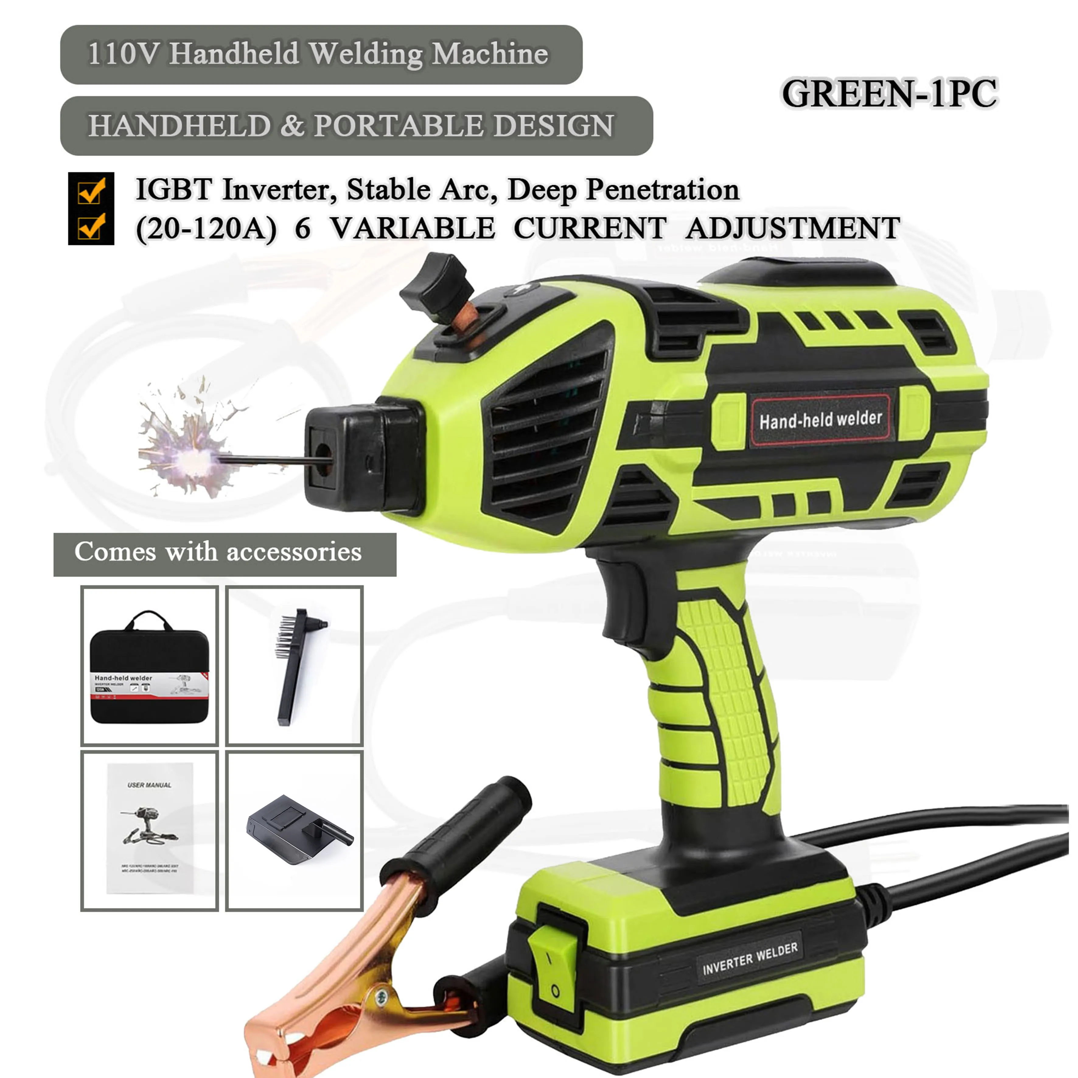 

Green Handheld ARC Welder 20-120A 110V IGBT Inverter Portable Welding Tool Set for 3/32''-1/8'' Welding