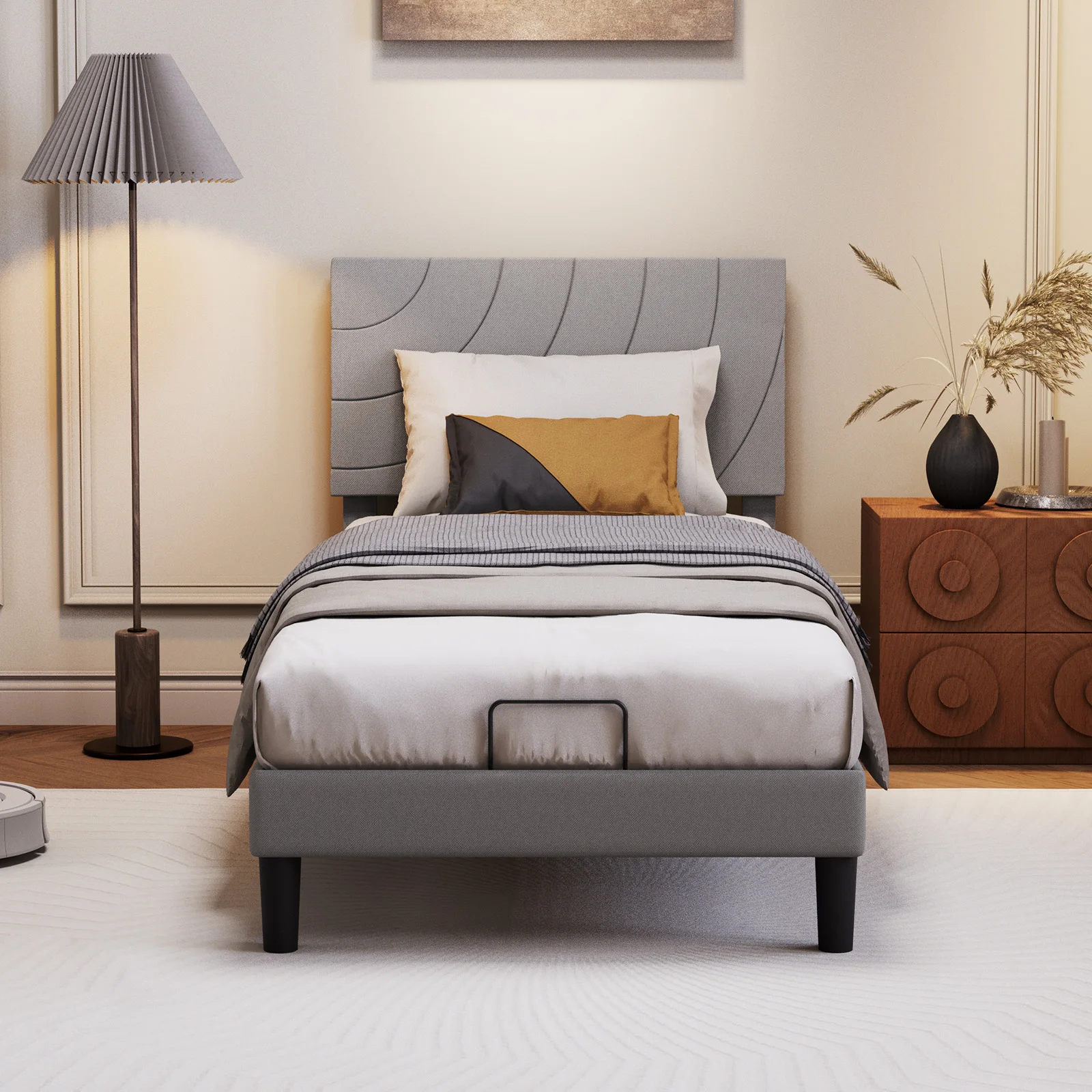 Struttura per letto singolo 90×200 cm – Testiera imbottita curva regolabile – 12 robuste doghe in legno massello – Spazio contenitivo sotto il letto di 17 cm