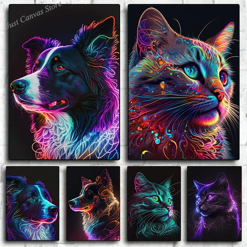 Neon Effect Dog and Cat Poster Canvas Printing Border Collie Morden Wall Art Decor Picture Animal Decor Aesthetic Home No LED