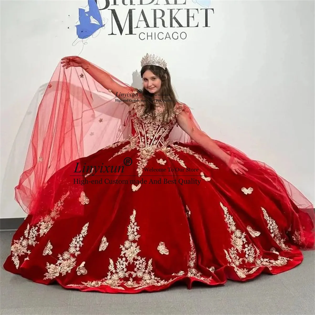 Red Velvet Quinceanera Dress With Wraps Gold Lace Appliques Sweet 16 15 Dress Ruffles Lace Up Sweep Train Vestidos De Anos