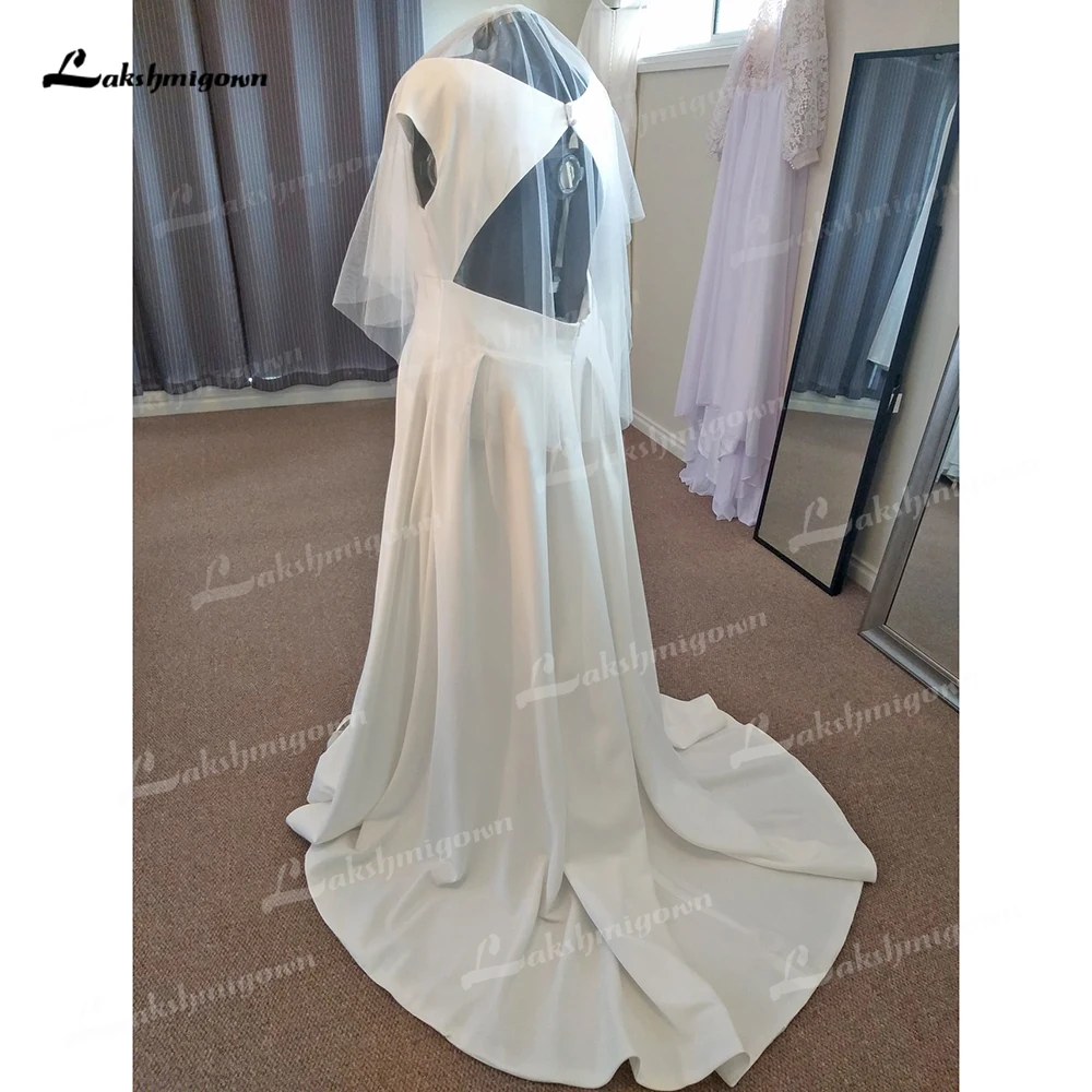 Simple Split V Neck Short Cap Sleeve Backless Belt Pleat Satin A Line Wedding Dress For Women Sexy Bride Gown Sweep Robe Vestido