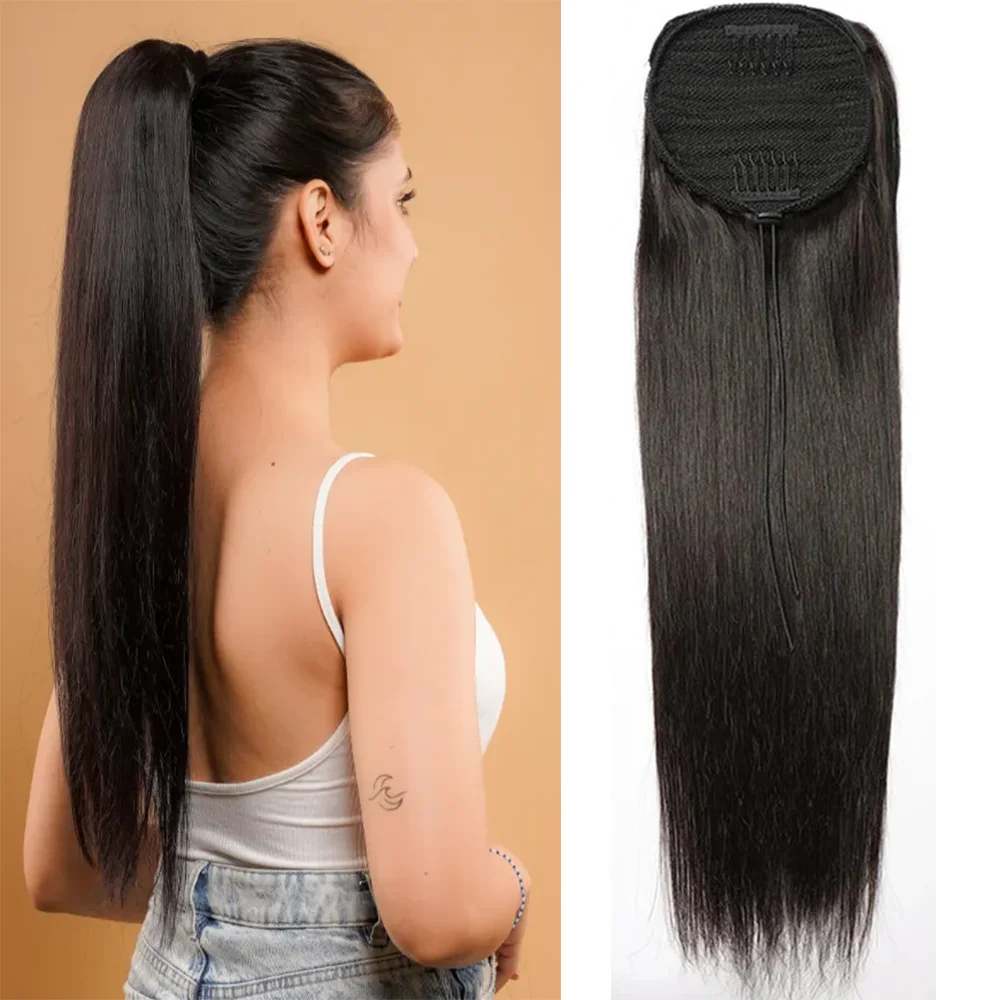 Straight Drawstring Ponytail Remy Human Hair Brazilian Hair Ponytails With Clips 26 Inch Women Hairpiece Long Straight Ponytail