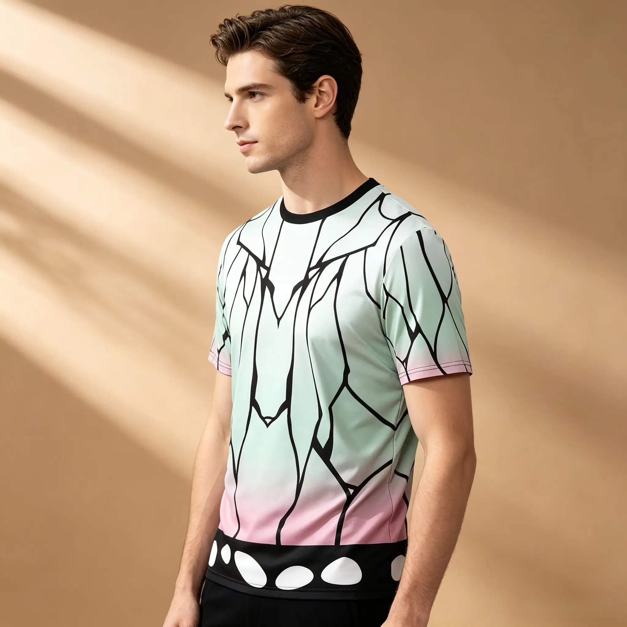 Herren-T-Shirt mit Demon Slayer Shinobu Kocho Butterfly Gradient Full Print, Mint Pink Anime Cosplay Otaku Kurzarm-Freizeit-T-Shirt – Detail 4