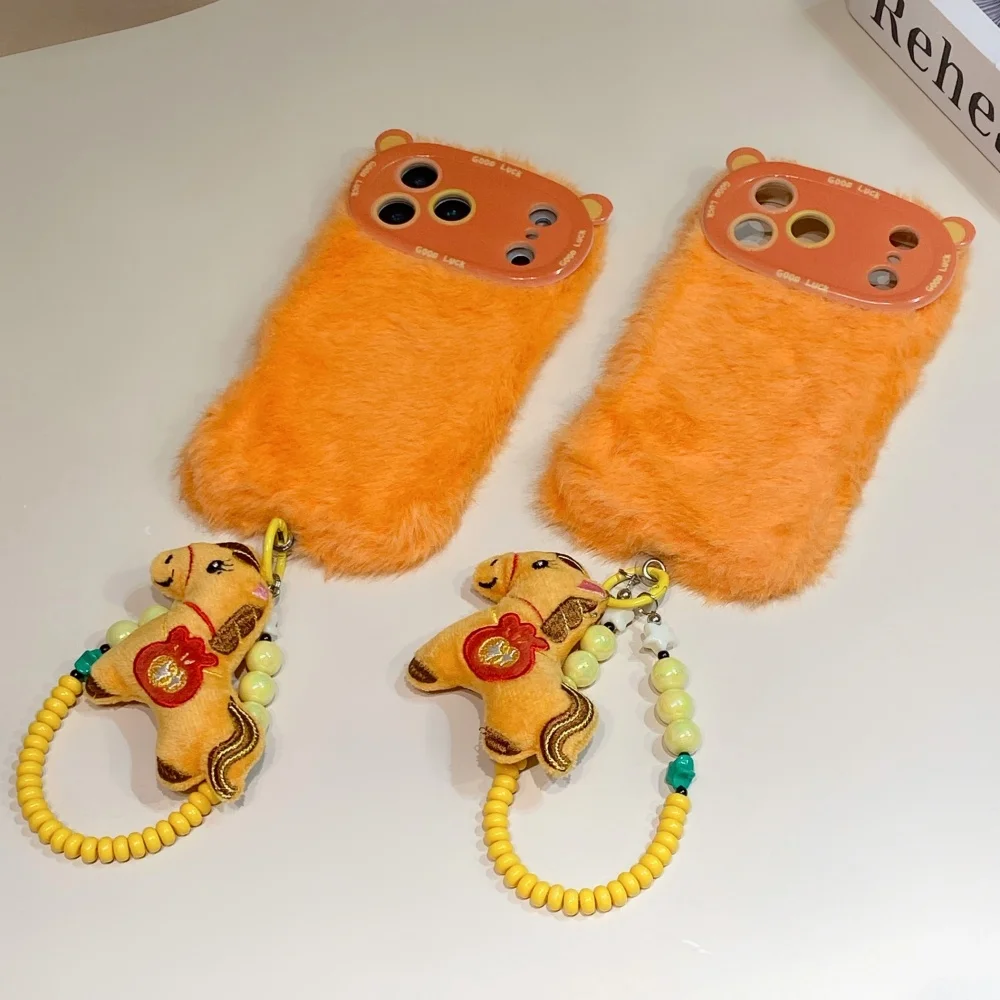 

Stylish Plush Orange Pony Phone Case for iPhone 14/15/16/17 Pro Max, Fundans 17 Pro Stylish New Shockproof Protective Case