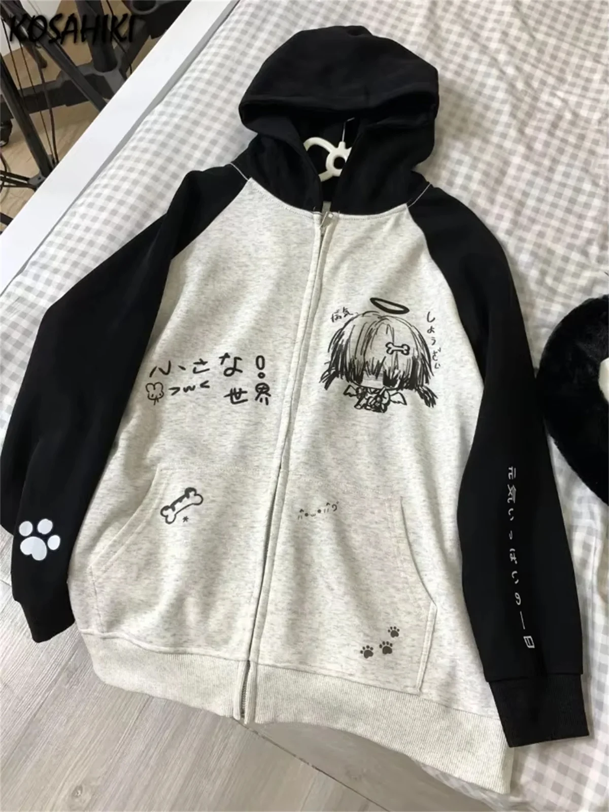 Japanische Kontrastfarben-Kapuzenoberteile für Damen, Y2k-Ästhetik, Cartoon-Print, Grunge-Hoodie, lässiger Reißverschluss-Sweatshirt, Harajuku-Streetwear – Detail 1