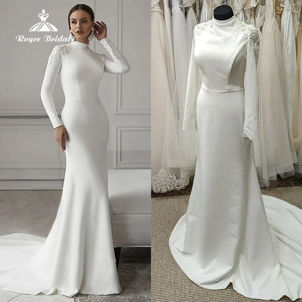 Elegante vestido de noiva sereia, manga comprida, gola alta, vestido de noiva muçulmano, vestidos de casamento cetim, 2024