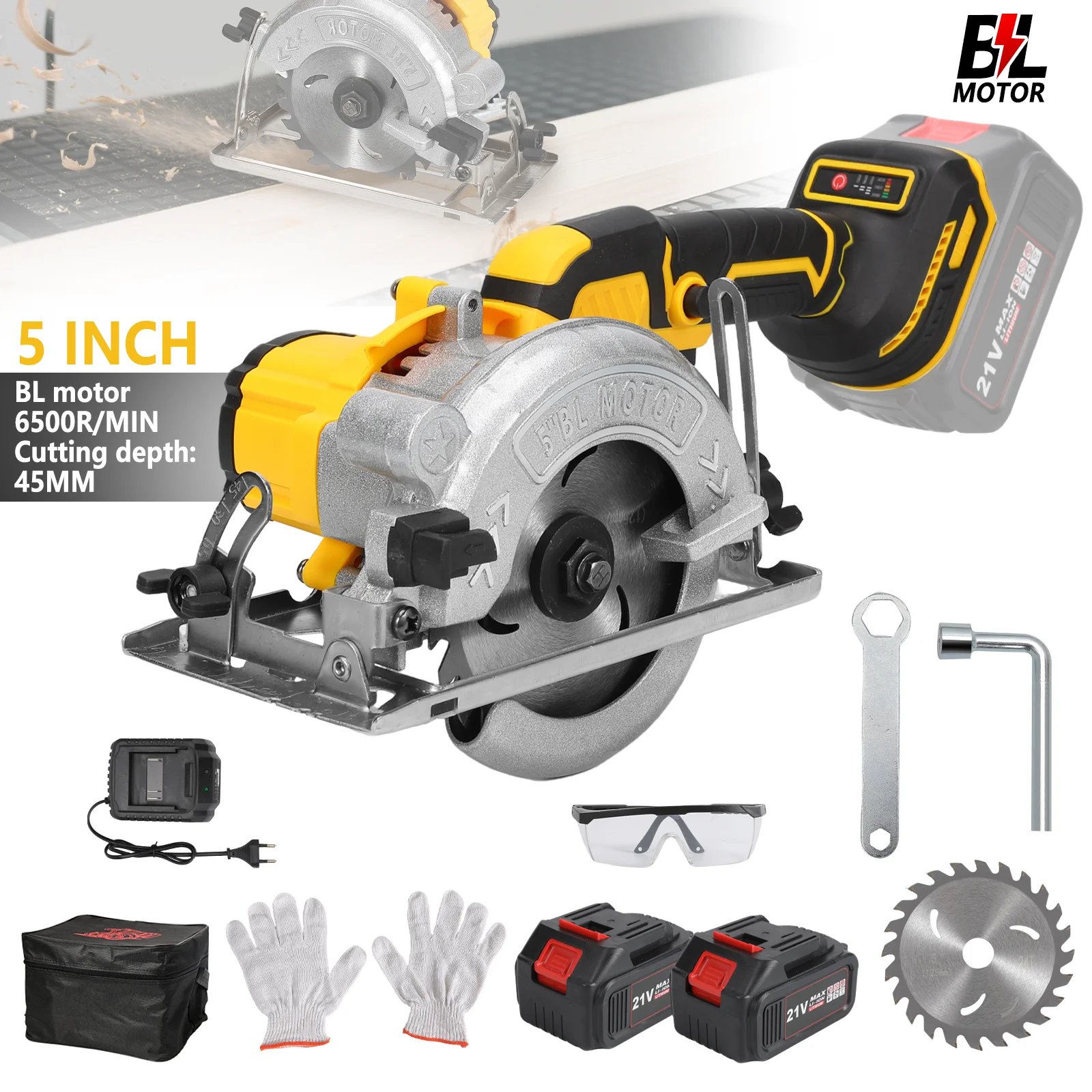 Scie circulaire électrique sans balais 5 pouces ﻿ Pour batterie 21V ﻿ Sans fil 45 ° -90 °   Scie à chanfreiner portative pour le travail du bois, outil électrique