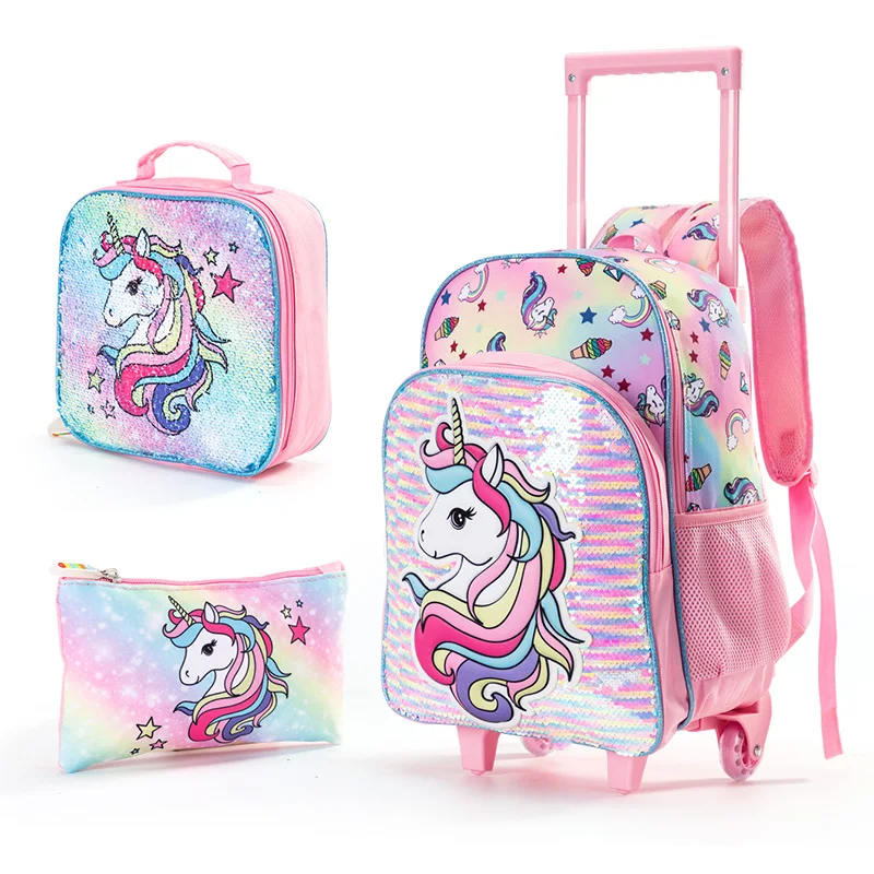 Rainbow Unicorn Printed Backpack with Pull Rod Colorful Flip Sequin Bookbag 3-Piece Backpack Shoulder Bag for Students Mochila